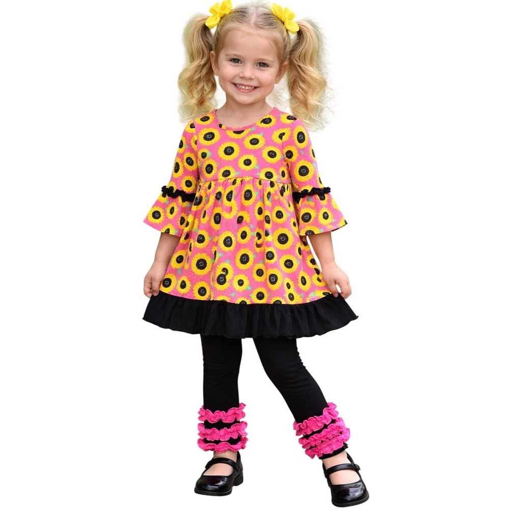 Simply Southern Collection Pink Sunflower Ruffle Tunic Top & Leggings Set 5T